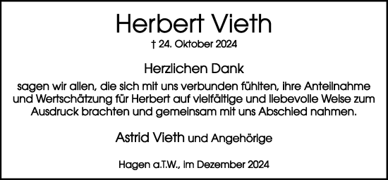 Traueranzeige von Herbert Vieth von Neue Osnabrücker Zeitung GmbH & Co. KG