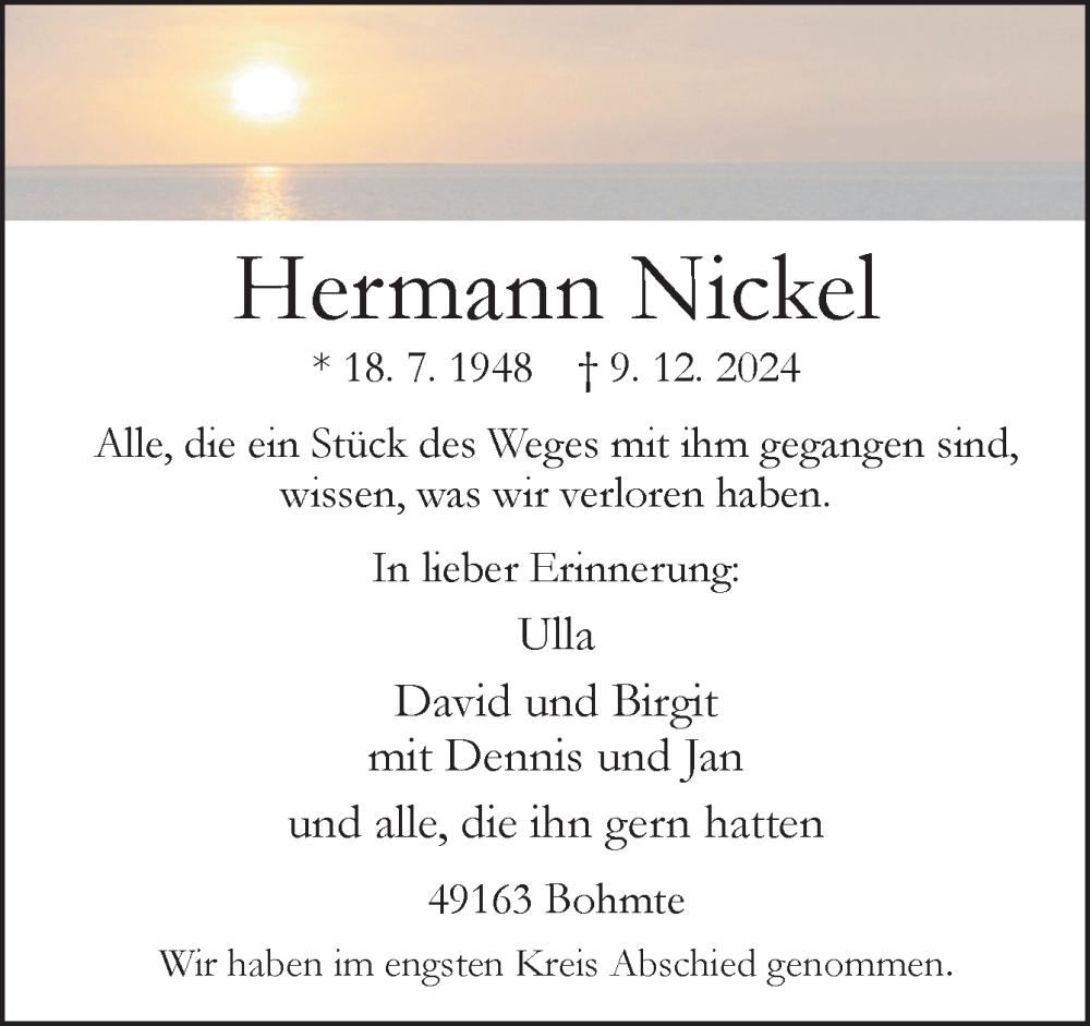  Traueranzeige für Hermann Nickel vom 28.12.2024 aus Neue Osnabrücker Zeitung GmbH & Co. KG