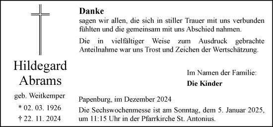 Traueranzeige von Hildegard Abrams von Neue Osnabrücker Zeitung GmbH & Co. KG