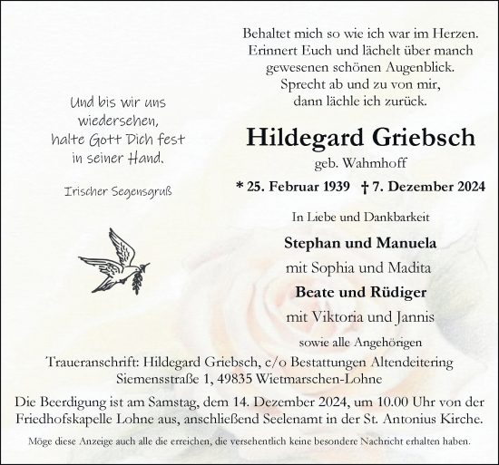 Traueranzeige von Hildegard Griebsch von Neue Osnabrücker Zeitung GmbH & Co. KG