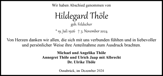 Traueranzeige von Hildegard Thöle von Neue Osnabrücker Zeitung GmbH & Co. KG