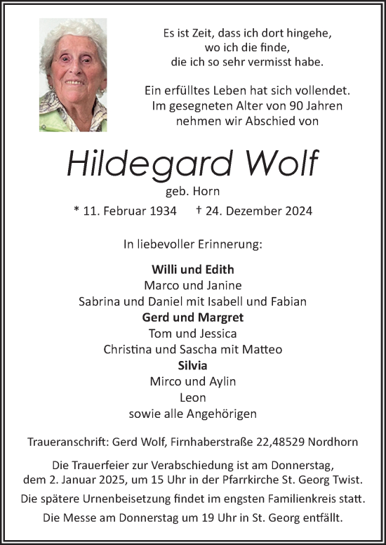 Traueranzeige von Hildegard Wolf von Neue Osnabrücker Zeitung GmbH & Co. KG