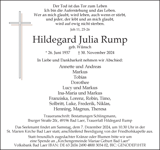 Traueranzeige von Hildegard Julia Rump von Neue Osnabrücker Zeitung GmbH & Co. KG