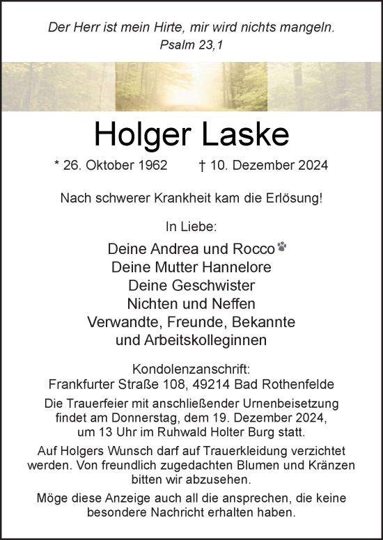 Traueranzeige von Holger Laske von Neue Osnabrücker Zeitung GmbH & Co. KG