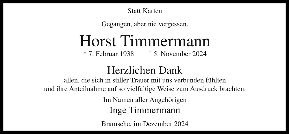  Traueranzeige für Horst Timmermann vom 21.12.2024 aus Neue Osnabrücker Zeitung GmbH & Co. KG