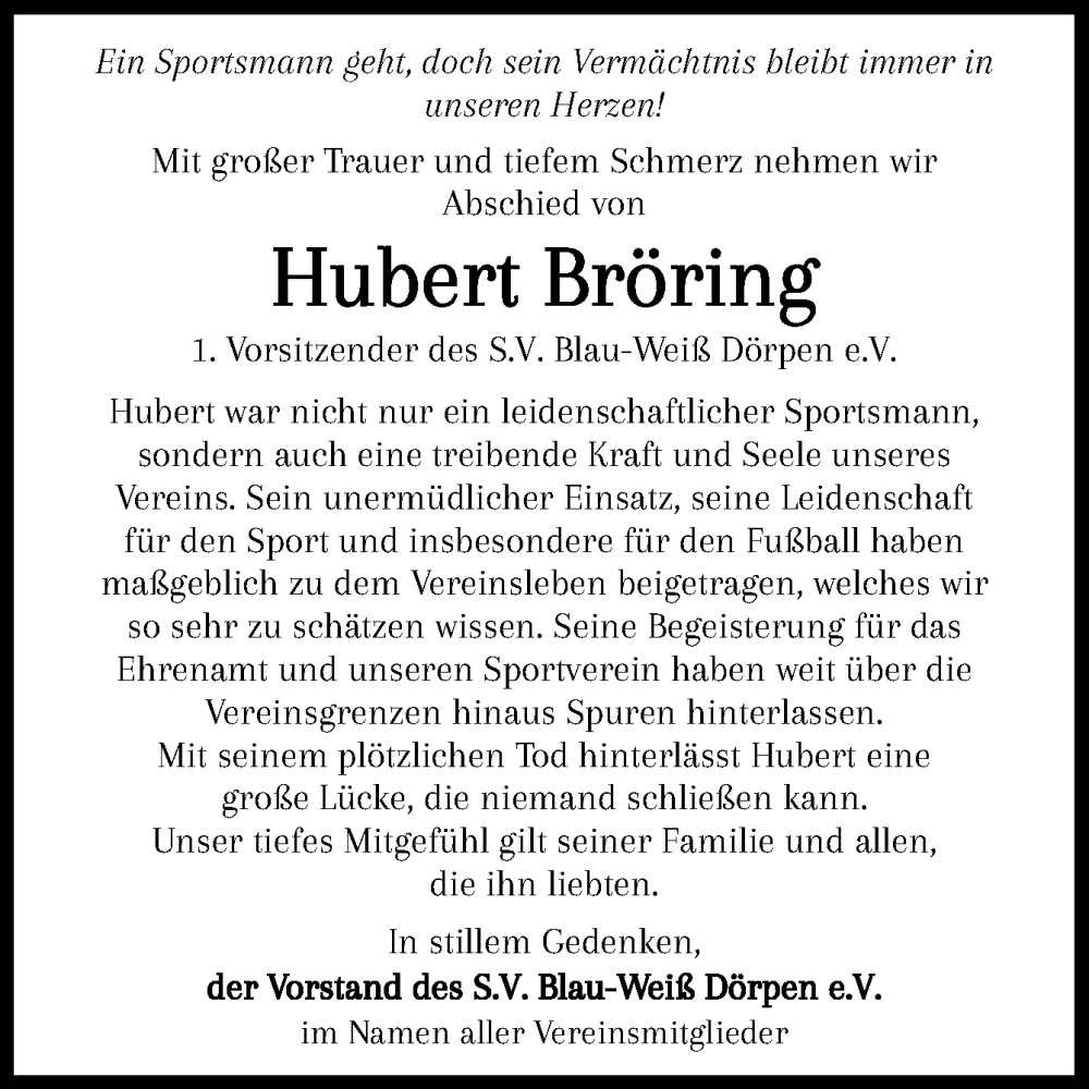  Traueranzeige für Hubert Bröring vom 14.12.2024 aus Neue Osnabrücker Zeitung GmbH & Co. KG