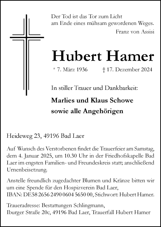 Traueranzeige von Hubert Hamer von Neue Osnabrücker Zeitung GmbH & Co. KG