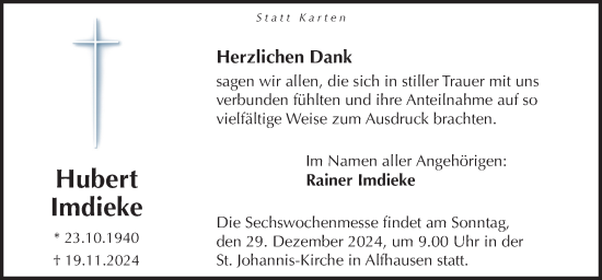 Traueranzeige von Hubert Imdieke von Neue Osnabrücker Zeitung GmbH & Co. KG