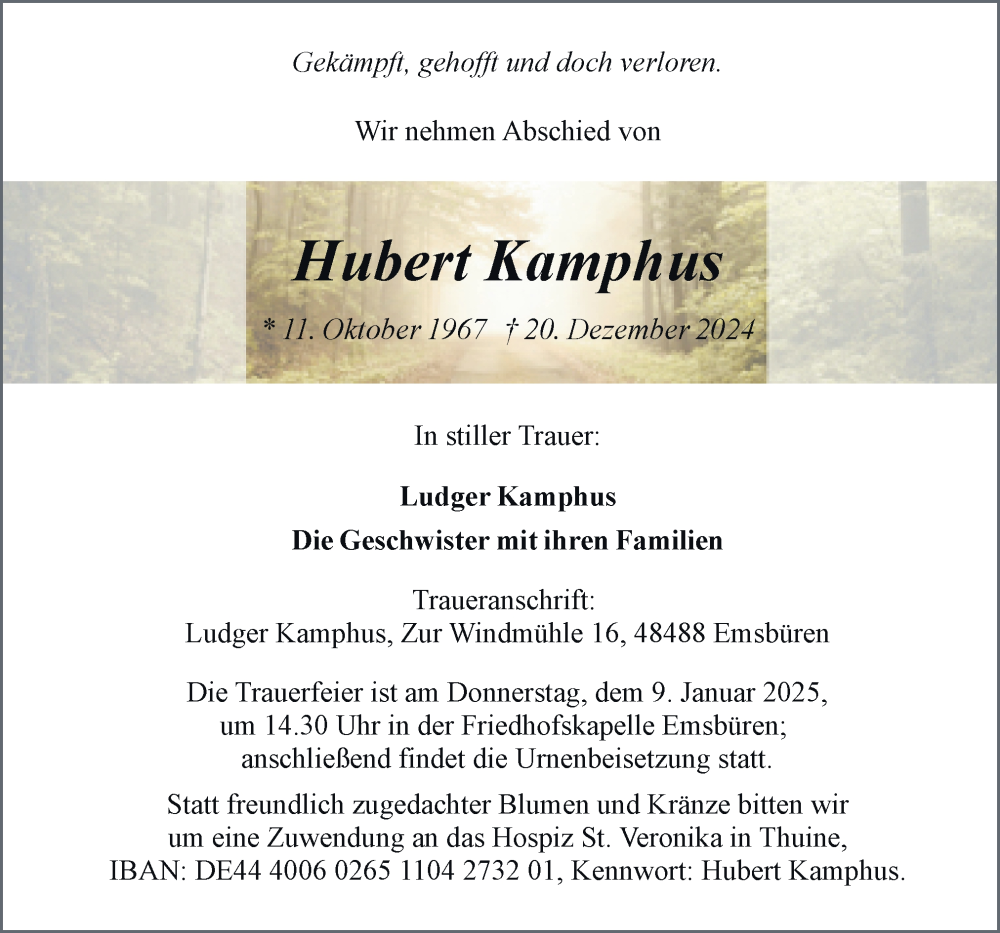  Traueranzeige für Hubert Kamphus vom 31.12.2024 aus Neue Osnabrücker Zeitung GmbH & Co. KG