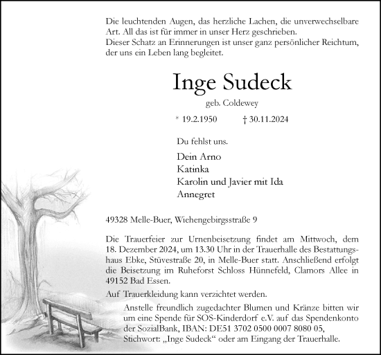 Traueranzeige von Inge Sudeck von Neue Osnabrücker Zeitung GmbH & Co. KG