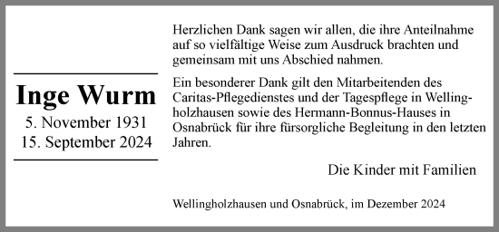 Traueranzeige von Inge Wurm von Neue Osnabrücker Zeitung GmbH & Co. KG