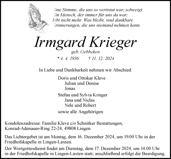 Traueranzeige von Irmgard Krieger von Neue Osnabrücker Zeitung GmbH & Co. KG