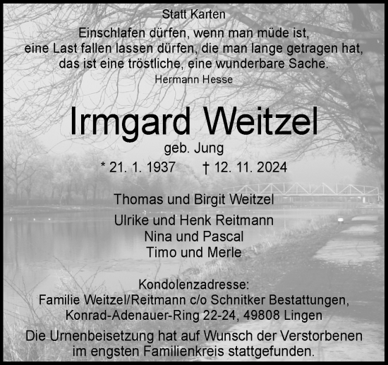 Traueranzeige von Irmgard Weitzel von Neue Osnabrücker Zeitung GmbH & Co. KG