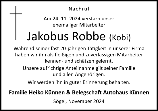 Traueranzeige von Jakobus Robbe von Neue Osnabrücker Zeitung GmbH & Co. KG