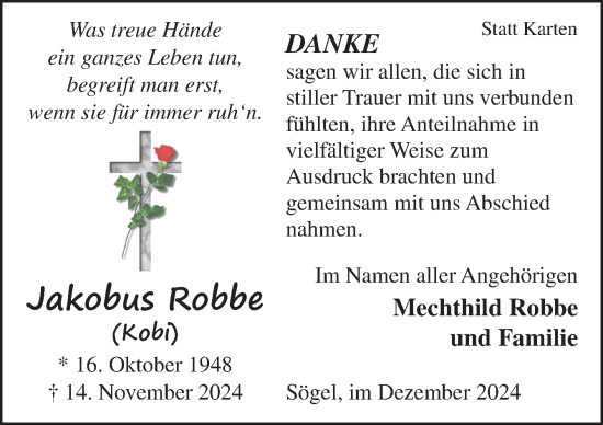 Traueranzeige von Jakobus Robbe von Neue Osnabrücker Zeitung GmbH & Co. KG