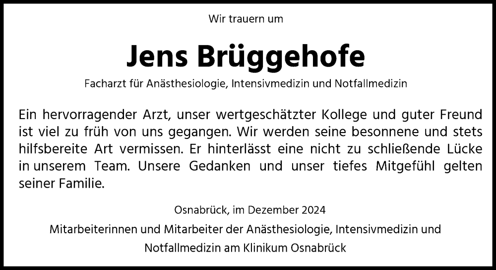  Traueranzeige für Jens Brüggehofe vom 21.12.2024 aus Neue Osnabrücker Zeitung GmbH & Co. KG