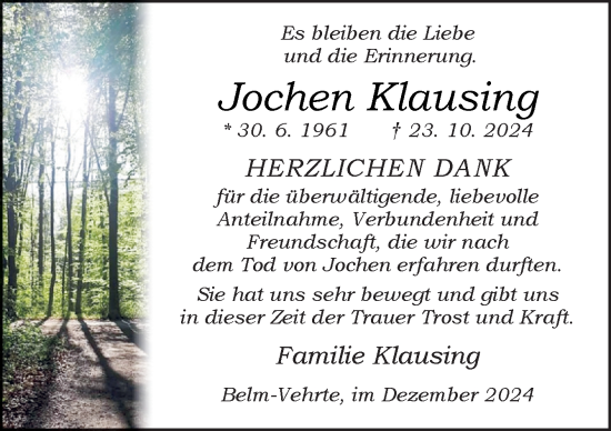 Traueranzeige von Jochen Klausing von Neue Osnabrücker Zeitung GmbH & Co. KG