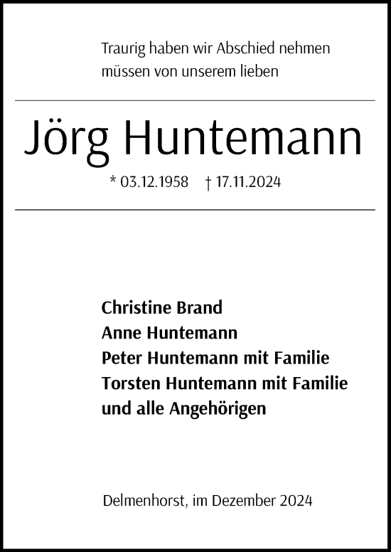 Traueranzeige von Jörg Huntemann von DK Medien GmbH & Co. KG