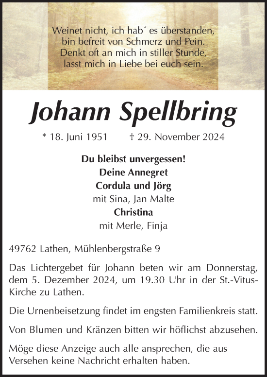 Traueranzeige von Johann Spellbring von Neue Osnabrücker Zeitung GmbH & Co. KG