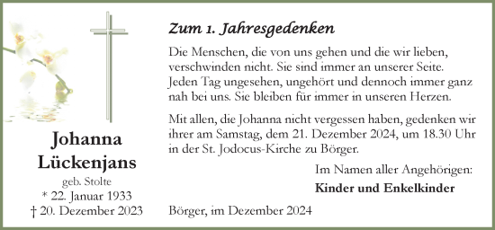 Traueranzeige von Johanna Lückenjans von Neue Osnabrücker Zeitung GmbH & Co. KG