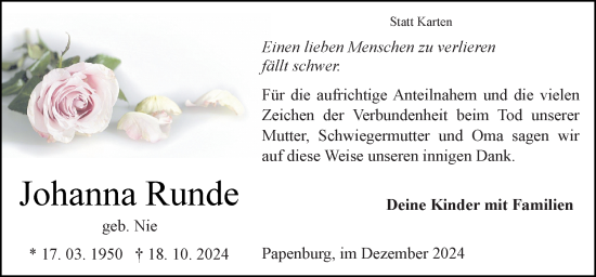 Traueranzeige von Johanna Runde von Neue Osnabrücker Zeitung GmbH & Co. KG