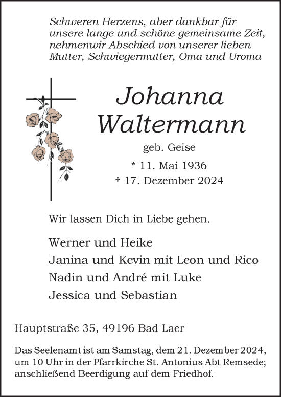 Traueranzeige von Johanna Waltermann von Neue Osnabrücker Zeitung GmbH & Co. KG