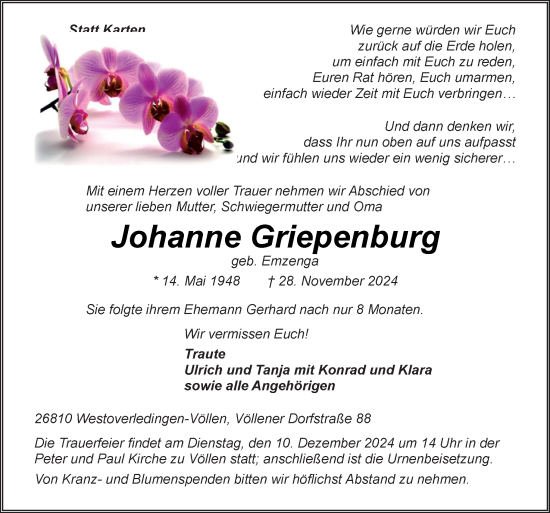 Traueranzeige von Johanne Griepenburg von Neue Osnabrücker Zeitung GmbH & Co. KG