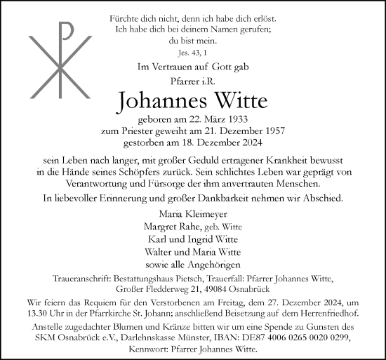 Traueranzeige von Johannes Witte von Neue Osnabrücker Zeitung GmbH & Co. KG