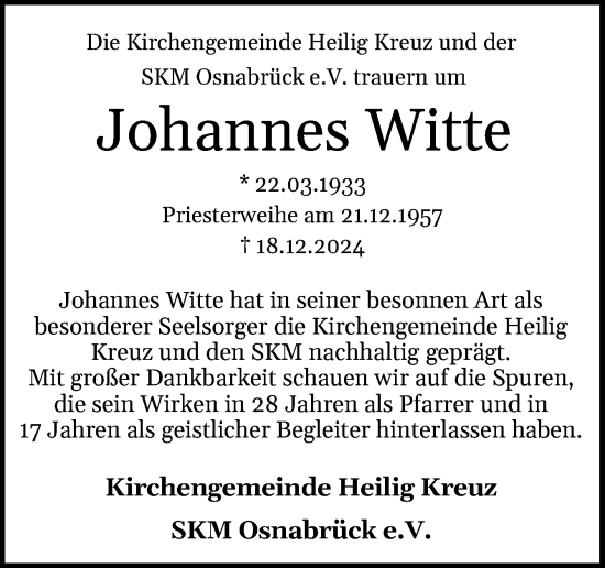 Traueranzeige von Johannes Witte von Neue Osnabrücker Zeitung GmbH & Co. KG