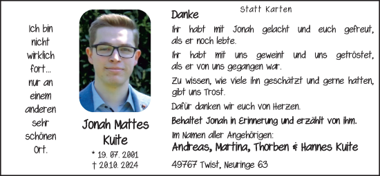 Traueranzeige von Jonah Mattes Kuite von Neue Osnabrücker Zeitung GmbH & Co. KG