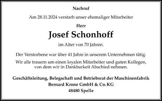 Traueranzeige von Josef Schonhoff von Neue Osnabrücker Zeitung GmbH & Co. KG