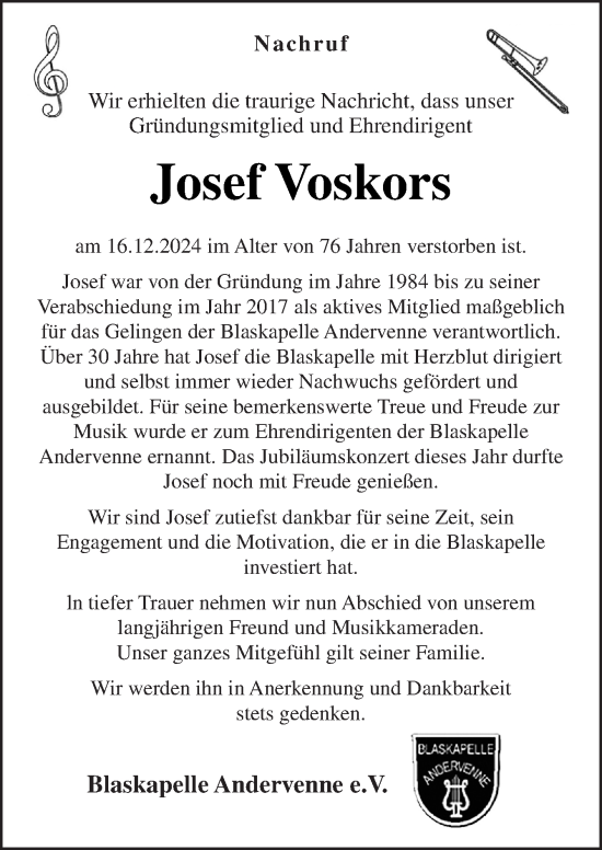 Traueranzeige von Josef Voskors von Neue Osnabrücker Zeitung GmbH & Co. KG