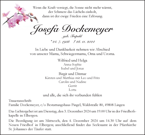 Traueranzeige von Josefa Dockemeyer von Neue Osnabrücker Zeitung GmbH & Co. KG