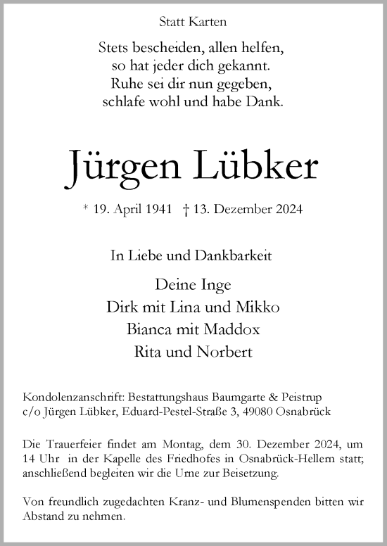 Traueranzeige von Jürgen Lübker von Neue Osnabrücker Zeitung GmbH & Co. KG