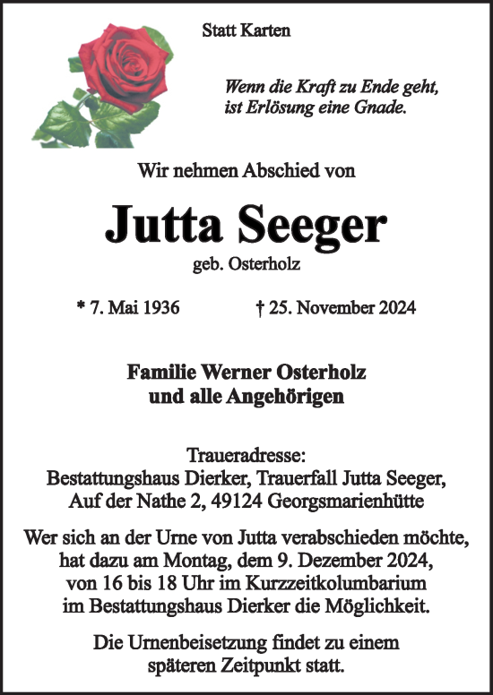 Traueranzeige von Jutta Seeger von Neue Osnabrücker Zeitung GmbH & Co. KG