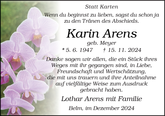 Traueranzeige von Karin Arens von Neue Osnabrücker Zeitung GmbH & Co. KG