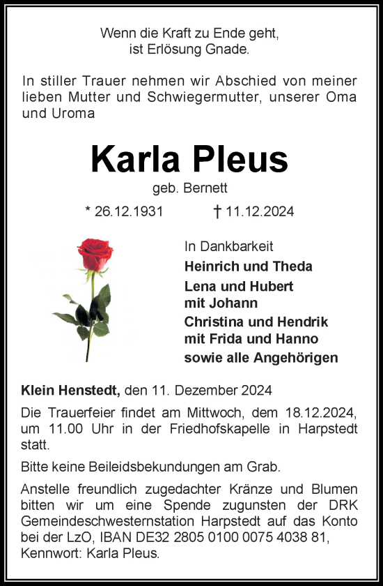 Traueranzeige von Karla Pleus von DK Medien GmbH & Co. KG