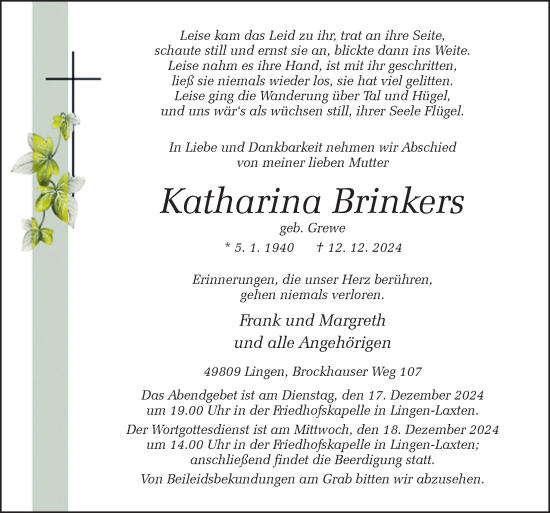 Traueranzeige von Katharina Brinkers von Neue Osnabrücker Zeitung GmbH & Co. KG