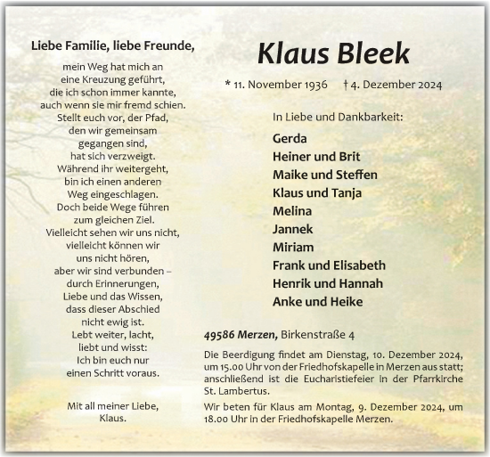 Traueranzeige von Klaus Bleek von Neue Osnabrücker Zeitung GmbH & Co. KG