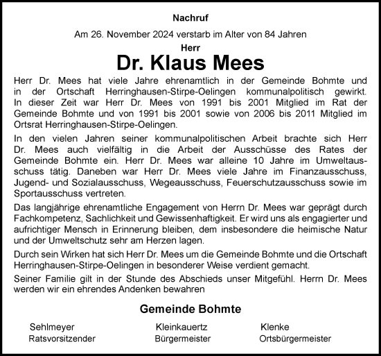 Traueranzeigen Von Klaus Mees Noz Trauerportal