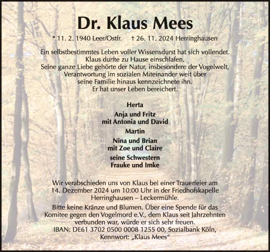 Traueranzeige von Klaus Mees von Neue Osnabrücker Zeitung GmbH & Co. KG