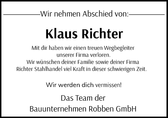 Traueranzeige von Klaus Richter von Neue Osnabrücker Zeitung GmbH & Co. KG