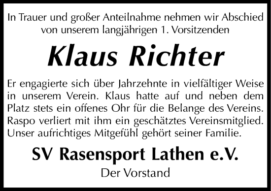 Traueranzeige von Klaus Richter von Neue Osnabrücker Zeitung GmbH & Co. KG