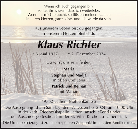 Traueranzeige von Klaus Richter von Neue Osnabrücker Zeitung GmbH & Co. KG