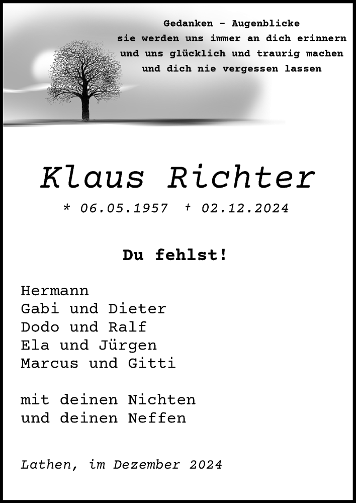  Traueranzeige für Klaus Richter vom 05.12.2024 aus Neue Osnabrücker Zeitung GmbH & Co. KG