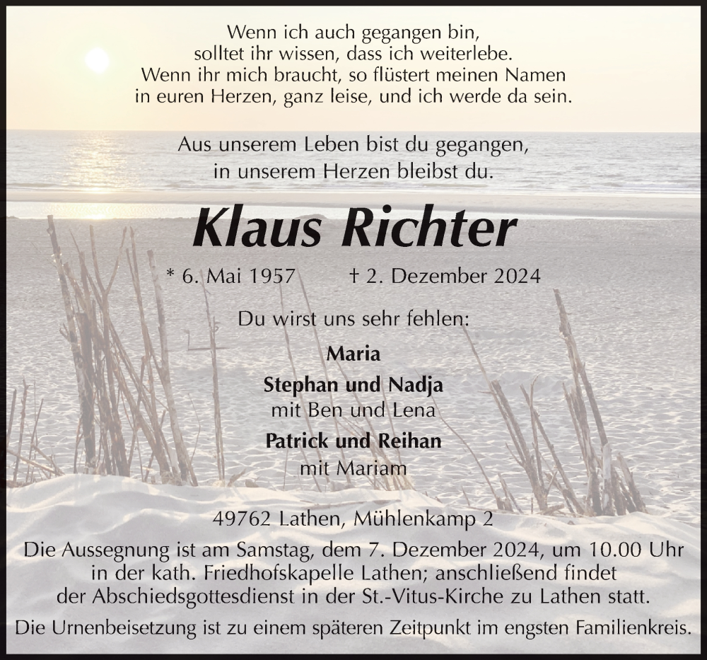  Traueranzeige für Klaus Richter vom 05.12.2024 aus Neue Osnabrücker Zeitung GmbH & Co. KG