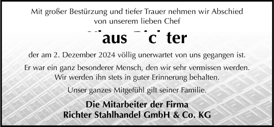 Traueranzeige von Klaus Richter von Neue Osnabrücker Zeitung GmbH & Co. KG