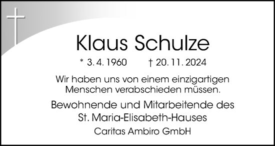 Traueranzeige von Klaus Schulze von Neue Osnabrücker Zeitung GmbH & Co. KG