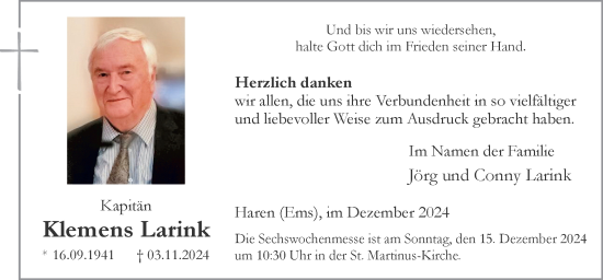 Traueranzeige von Klemens Larink von Neue Osnabrücker Zeitung GmbH & Co. KG