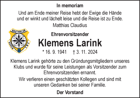 Traueranzeige von Klemens Larink von Neue Osnabrücker Zeitung GmbH & Co. KG